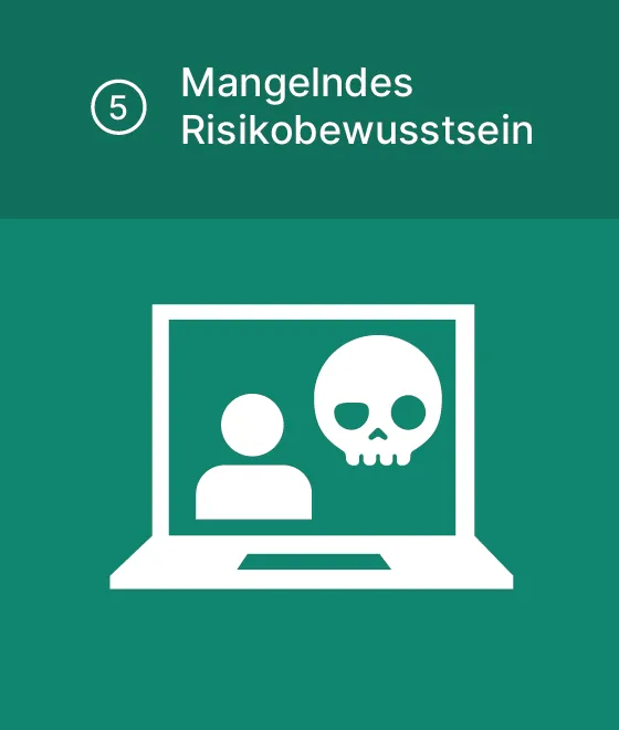 Piktogramm "Mangelndes Risikobewusstsein": Laptop mit Nutzer, dem ein Totenkopf über die Schulter schaut