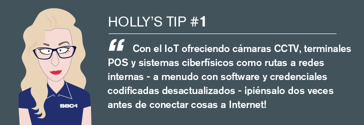 Con el IoT ofreciendo cámaras CCTV, terminales POS y sistemas ciberfísicos como rutas a redes internas - a menudo con software y credenciales codificadas desactualizados - ¡piénsalo dos veces antes de conectar cosas a Internet!