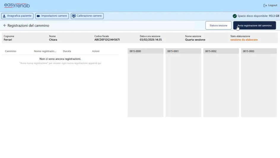 Gestione sessione e delle registrazioni del cammino del paziente